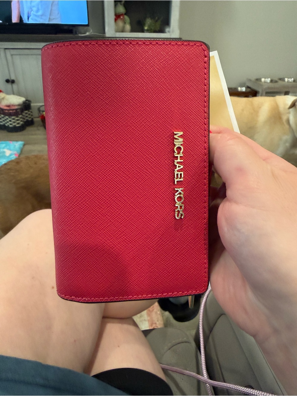 Michael Kors Red Saffiano Leather Phone Crossbody Wallet with Gold Logo